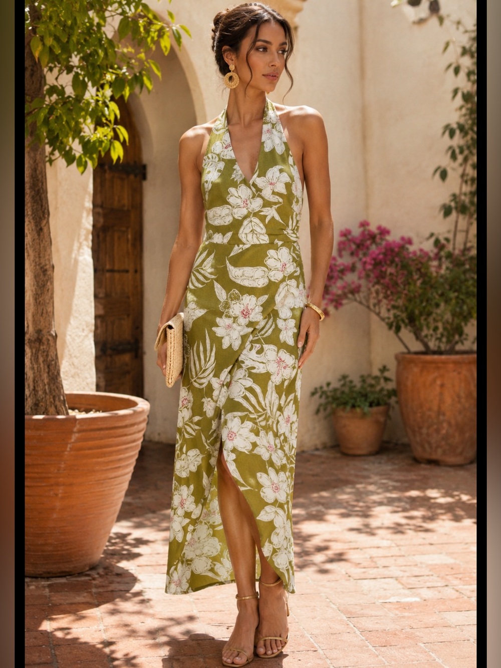 ZARA KHAKI ECRU FLORAL PRINT LINEN BLEND HALTER NECK MIDI DRESS M